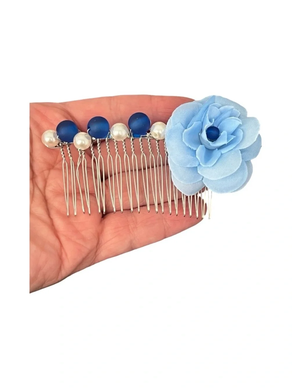 Elegant Blue Floral White Beaded Hair Comb 3.0”FINAL PRICE DROP